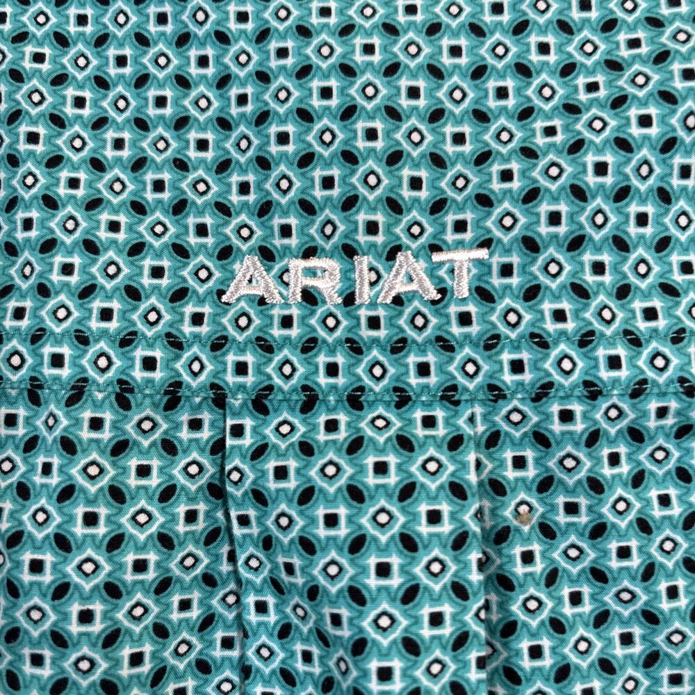 Ariat Mens Large Long Sleeve Button Down Shirt Teal Blue Geometric Print Fitted - Picture 6 of 11